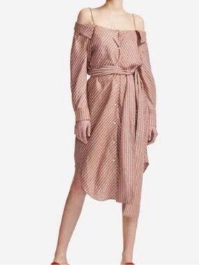 Maje Striped Cold-Shoulder Midi Dress in Brown and White
